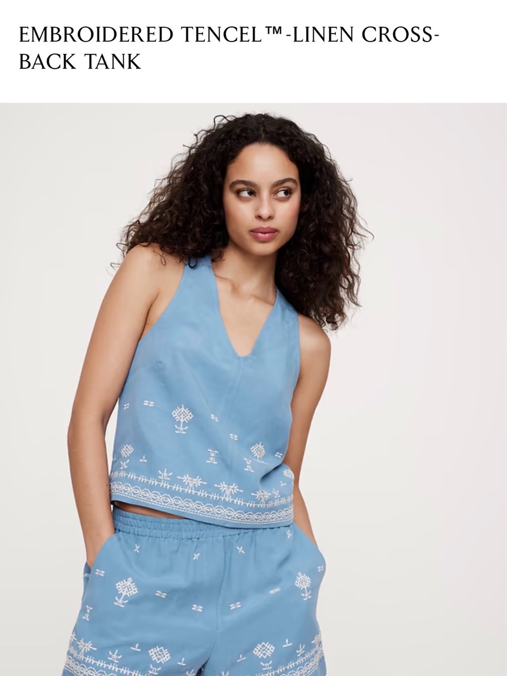 Banana Republic Light Blue Embroidered V-Neck Open Cross Back Tank XL NWT